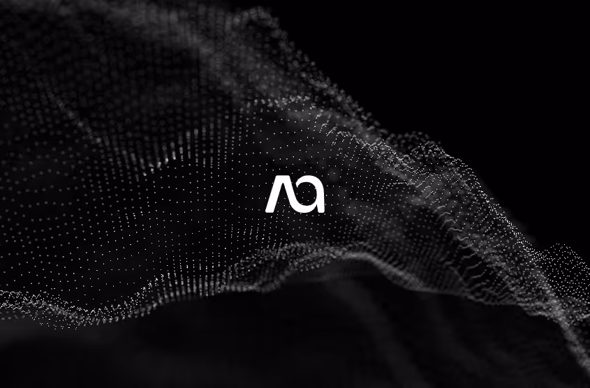AlisAlpha AA logo over a black background with a flowing 3D mesh of white dots.