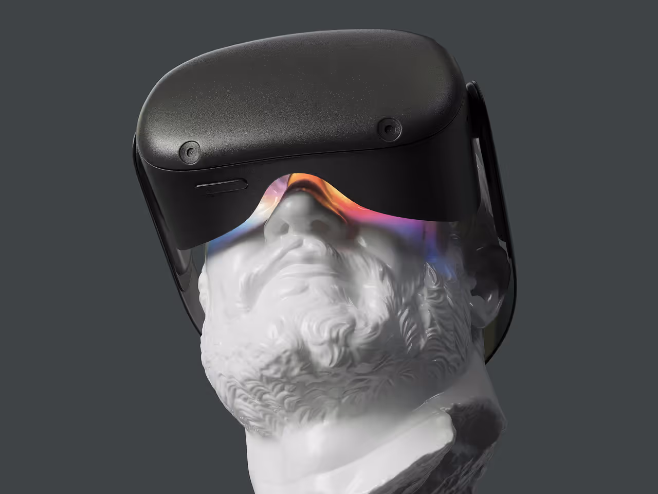 White classical statue bust with a black VR headset and colorful visor reflection against a dark gray background, symbolizing the fusion of established principles with advanced technology.