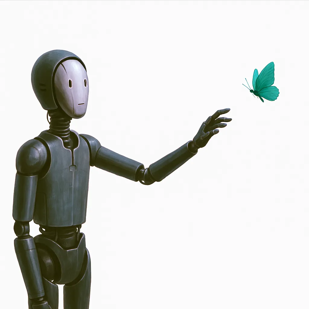 A sketch-like image of a metal robot standing with an arm reaching out towards a teal butterfly.